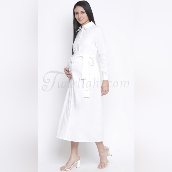Bianca: Long White Cotton Maternity Dress - Picture 3 of 4